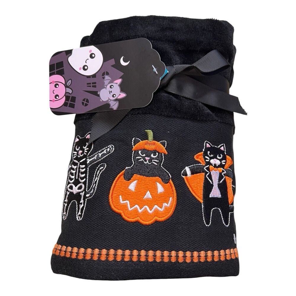 Halloween Black Cats In Costumes Embroidered Hand Towels 2 100% Cotton OEKO TEX